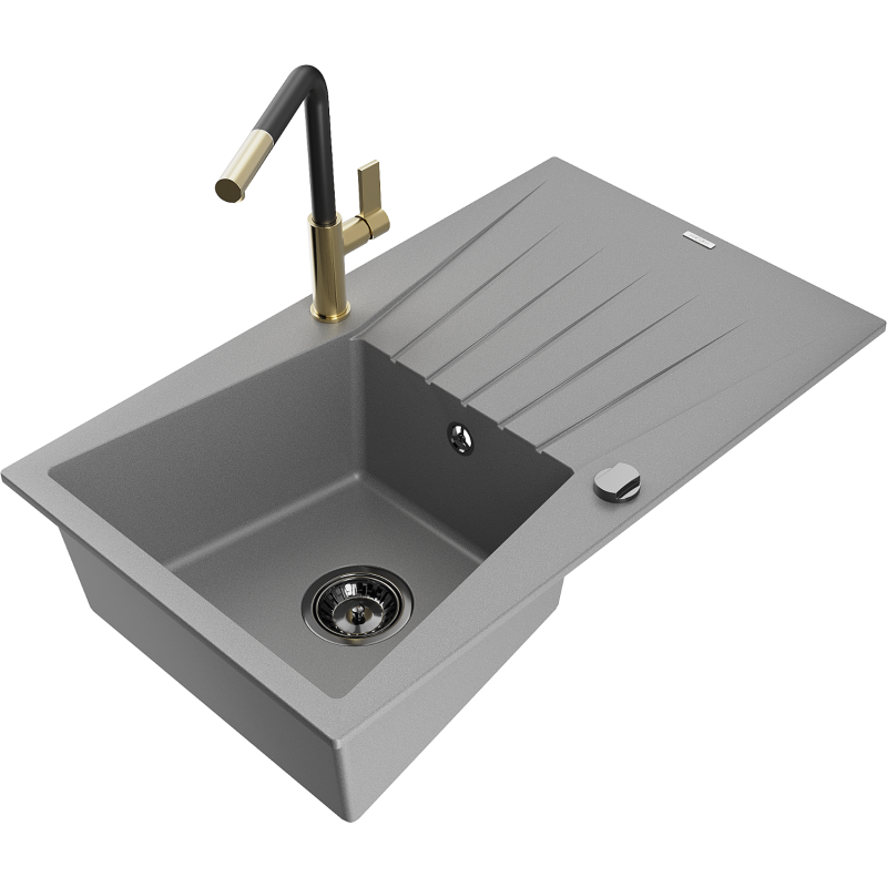 Mexen Cesar fregadero de granito de 1 cubeta con escurridor y grifo de cocina Flora, gris - 6514-71-670401-57-B
