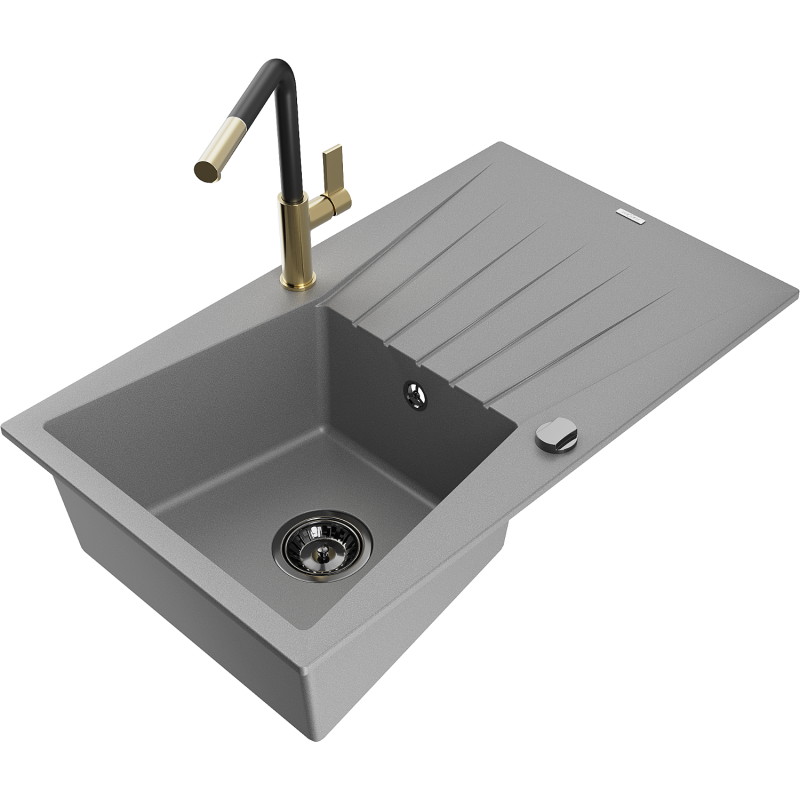 Mexen Cesar Granite Sink 1-Bowl with Drainer and Flora Kitchen Tap, Grey - 6514-71-670401-57-B