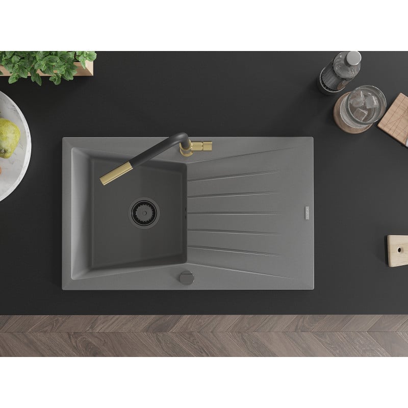 Mexen Cesar fregadero de granito de 1 cubeta con escurridor y grifo de cocina Flora, gris - 6514-71-670401-57-B