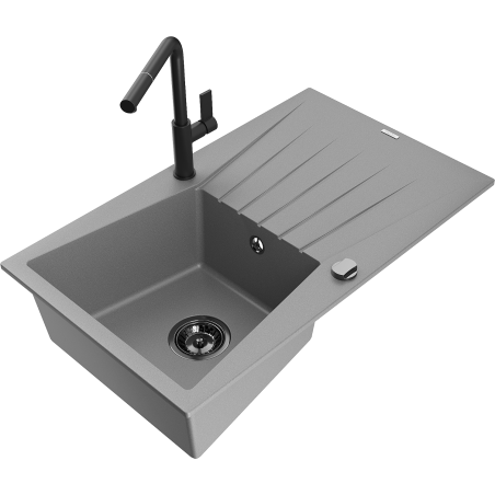 Mexen Cesar granite sink 1-bowl with drainer and Flora kitchen tap, grey - 6514-71-670401-70-B
