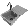 Mexen Cesar granite sink 1-bowl with drainer and Flora kitchen tap, grey - 6514-71-670401-70-B