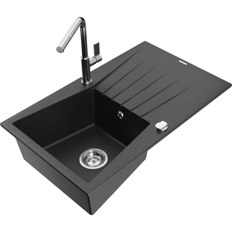 Mexen Cesar Granitspüle 1-Becken mit Abtropffläche und Küchenarmatur Flora, schwarz/silber Metallic - 6514-73-670401-00