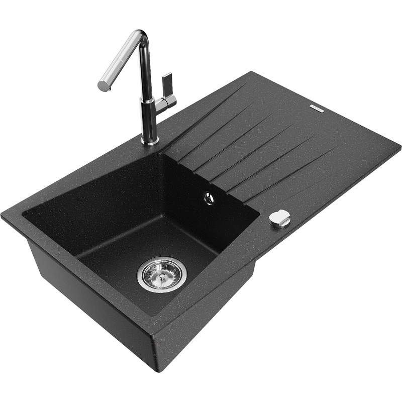 Mexen Cesar lavello in granito a 1 vasca con scolapiatti e rubinetto da cucina Flora, nero/argento metallizzato