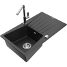 Mexen Cesar granite kitchen sink single bowl with drainer and Flora kitchen tap, black/silver metallic - 6514-73-670401-00