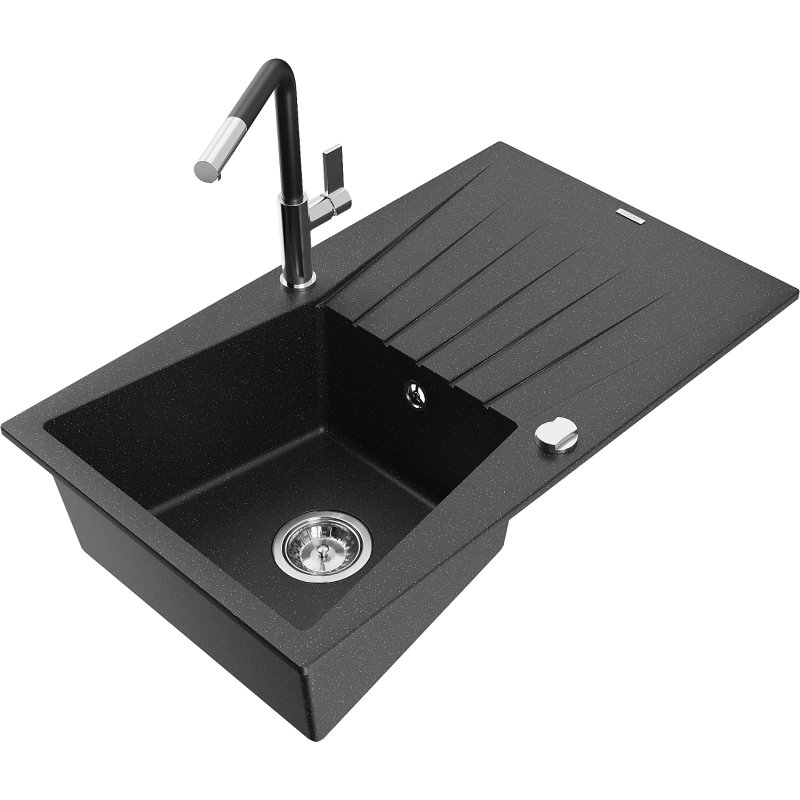 Mexen Cesar fregadero de granito de 1 seno con escurridor y grifo de cocina Flora, negro/metálico plateado - 6514-73-670401-07