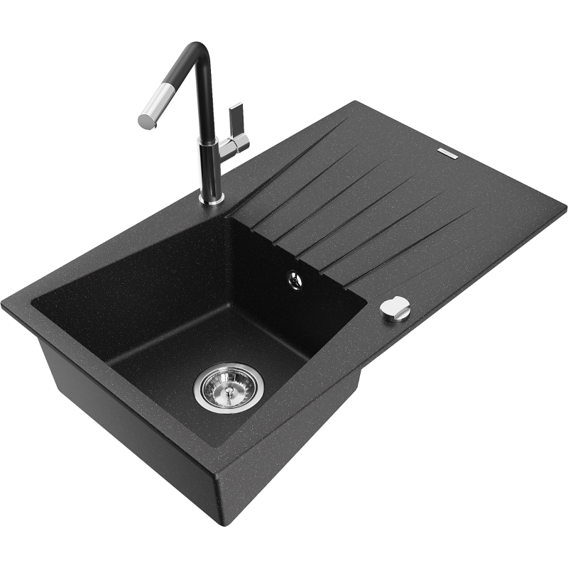 Mexen Cesar granite sink single-bowl with drainer and kitchen tap Flora, black/silver metallic - 6514-73-670401-07