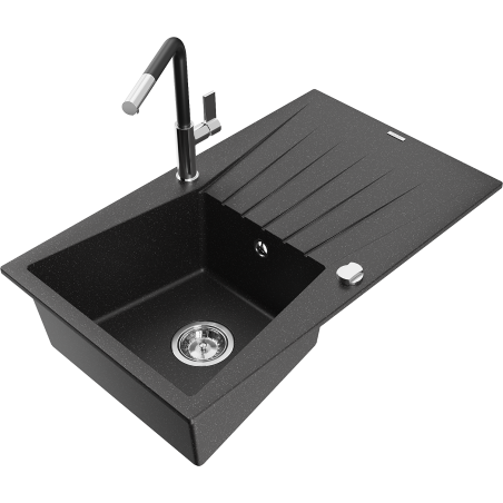 Mexen Cesar fregadero de granito de 1 seno con escurridor y grifo de cocina Flora, negro/metálico plateado - 6514-73-670401-07