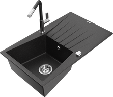 Mexen Cesar granite sink single-bowl with drainer and kitchen tap Flora, black/silver metallic - 6514-73-670401-07