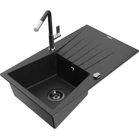 Mexen Cesar granite sink 1-bowl with drainer and Flora kitchen tap, black/silver metallic - 6514-73-670401-07-B