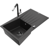 Mexen Cesar granite sink 1-bowl with drainer and Flora kitchen tap, black/silver metallic - 6514-73-670401-07-B