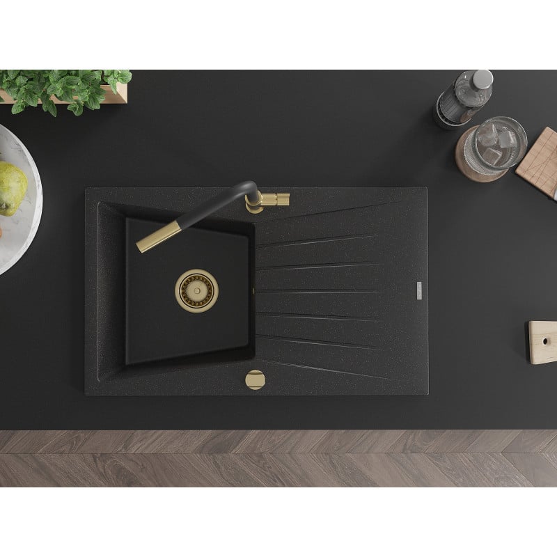 Mexen Cesar granieten gootsteen 1-komor met afdruiprek en keukenmengkraan Flora, zwart/zilver metallic - 6514-73-670401-57-G
