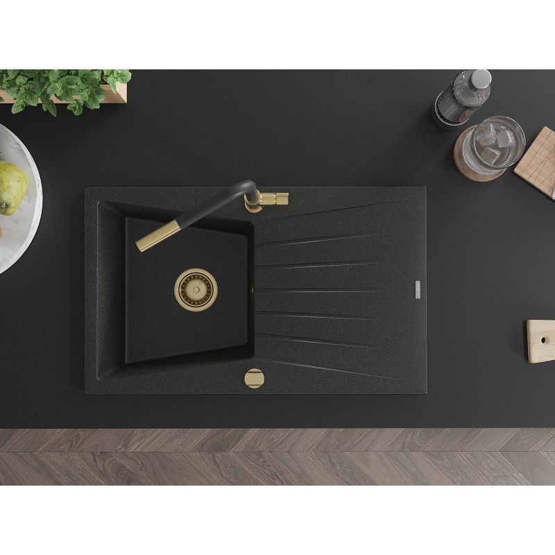 Mexen Cesar Granitspüle 1-Becken mit Abtropffläche und Küchenarmatur Flora, schwarz/silber Metallic - 6514-73-670401-57-G