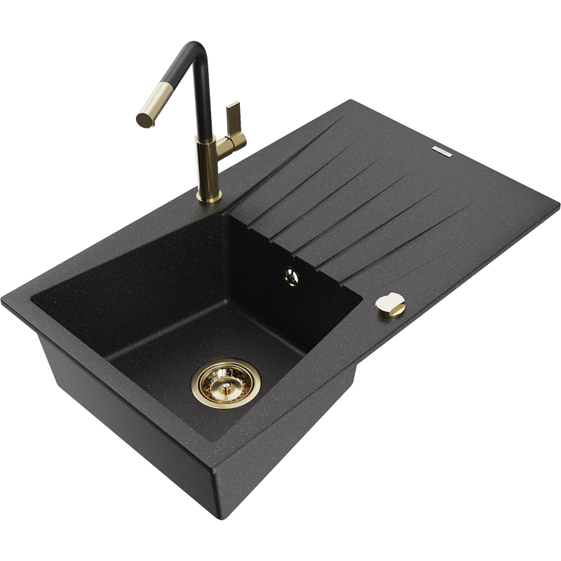 Mexen Cesar granite kitchen sink 1-bowl with drainer and Flora kitchen tap, black/silver metallic - 6514-73-670401-57-G