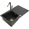 Mexen Cesar granitische spoelbak met 1 bak met afdruiprek en keukenkraan Flora, zwart/zilver metallic - 6514-73-670401-57-G