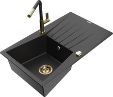 Mexen Cesar granite kitchen sink 1-bowl with drainer and Flora kitchen tap, black/silver metallic - 6514-73-670401-57-G