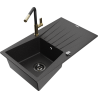 Mexen Cesar Granitspüle 1-Becken mit Abtropffläche und Küchenarmatur Flora, schwarz/silberner Metallic - 6514-73-670401-57-B