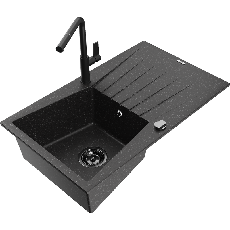 Mexen Cesar Granitspüle 1-Becken mit Abtropffläche und Küchenarmatur Flora, schwarz/silberner Metallic - 6514-73-670401-70-B