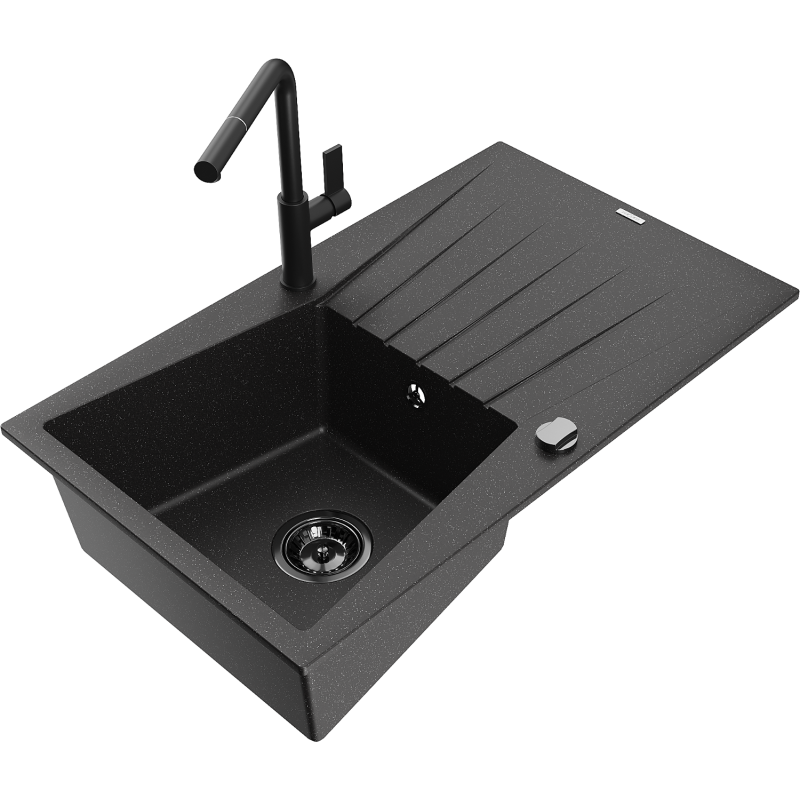 Mexen Cesar lava-louça em granito de 1 cuba com escorredor e torneira de cozinha Flora, preto/metálico prateado
