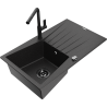 Mexen Cesar Granitspüle 1-Becken mit Abtropffläche und Küchenarmatur Flora, schwarz/silberner Metallic - 6514-73-670401-70-B