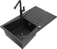 Mexen Cesar 1-bowl granite sink with drainer and Flora kitchen tap, black/silver metallic - 6514-73-670401-70-B