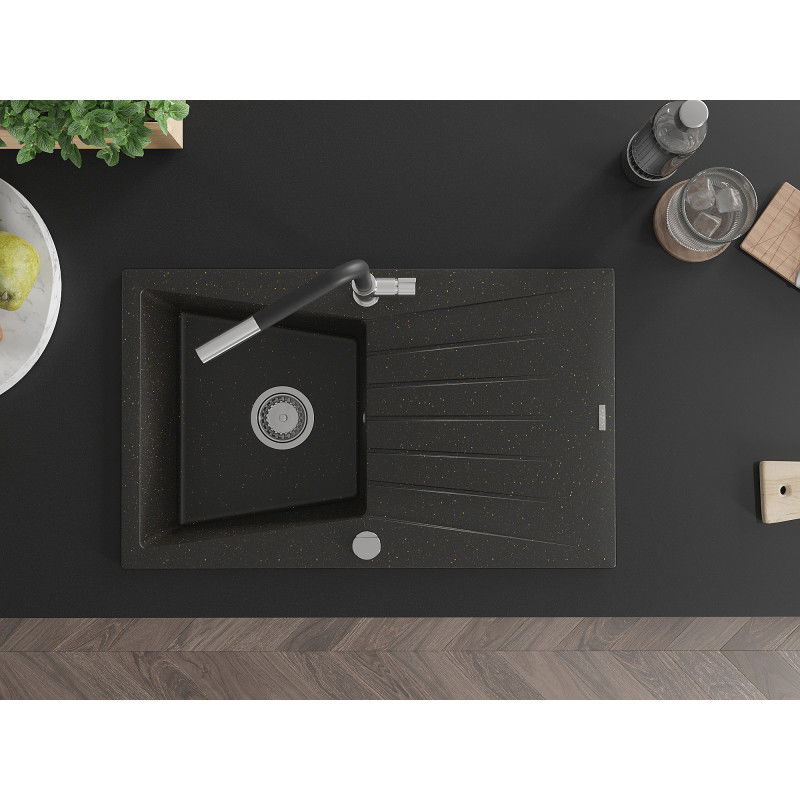 Mexen Cesar lava-loiça de granito 1-cuba com escorredor e torneira de cozinha Flora, preto/dourado metálico