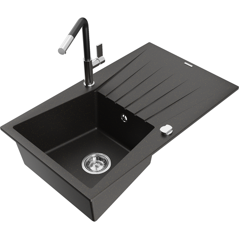 Mexen Cesar fregadero de granito 1-cubeta con escurridor y grifo de cocina Flora, negro/dorado metálico - 6514-75-670401-07