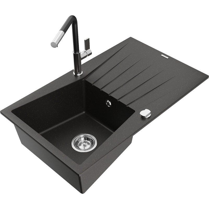 Mexen Cesar lava-loiça de granito 1-cuba com escorredor e torneira de cozinha Flora, preto/dourado metálico