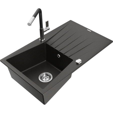 Mexen Cesar Fregadero de granito de 1 seno con escurridor y grifo de cocina Flora, negro/dorado metálico - 6514-75-670401-07