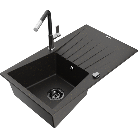 Mexen Cesar 1-bowl granite sink with drainer and Flora kitchen tap, black/gold metallic - 6514-75-670401-07-B