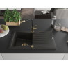 Mexen Cesar granitische spoelbak met 1 bak en afdruiprek en keukenmengkraan Flora, zwart/goud metallic - 6514-75-670401-57-G
