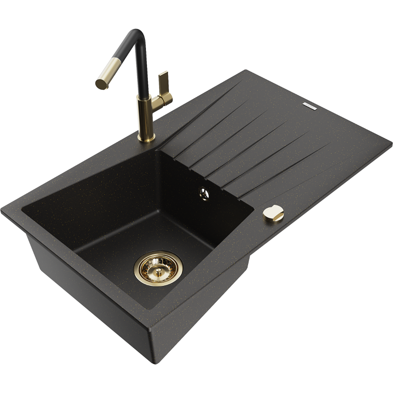 Mexen Cesar granīta izlietne ar 1 nodalījumu, notecējums un virtuves krāns Flora, melns/zeltīts metāliskais