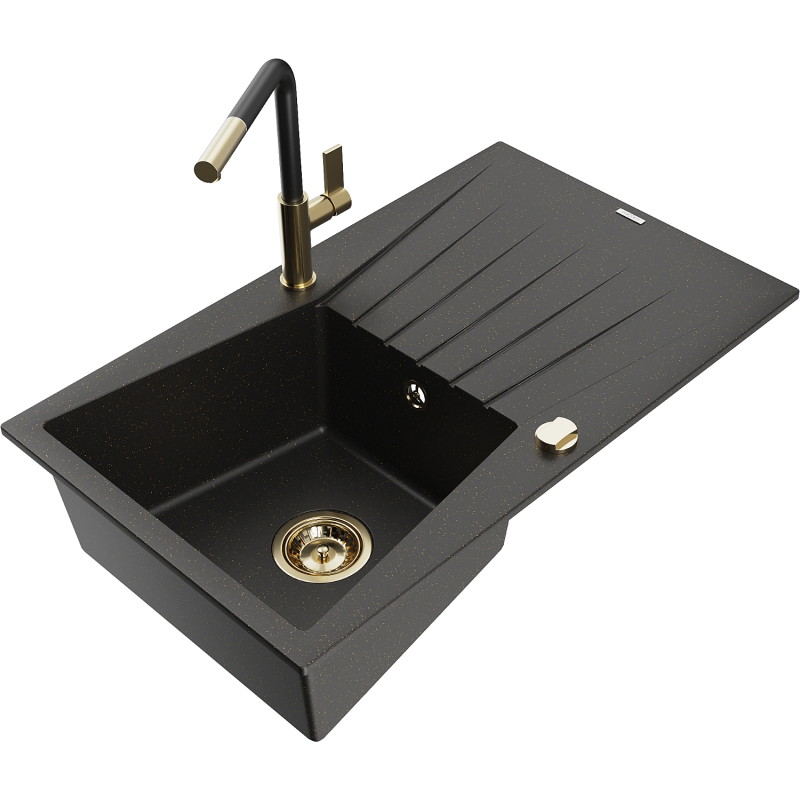 Mexen Cesar granitische spoelbak met 1 bak en afdruiprek en keukenmengkraan Flora, zwart/goud metallic - 6514-75-670401-57-G
