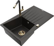 Mexen Cesar granite sink 1-bowl with drainer and Flora kitchen tap, black/gold metallic - 6514-75-670401-57-G