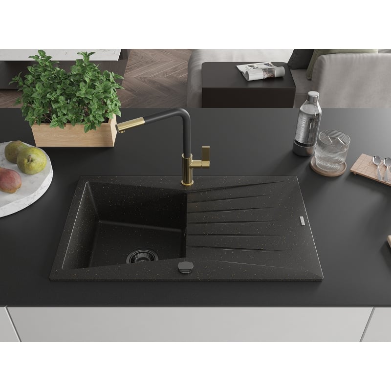 Mexen Cesar granitische spoelbak met 1 compartiment met afdruiprek en keukenkraan Flora, zwart/goud metallic
