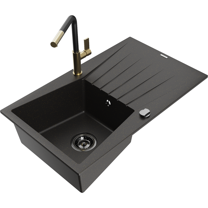 Mexen Cesar fregadero de granito de 1 seno con escurridor y grifo de cocina Flora, negro/oro metálico - 6514-75-670401-57-B