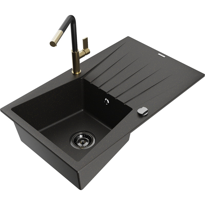 Mexen Cesar single-bowl granite sink with drainer and Flora kitchen tap, black/golden metallic - 6514-75-670401-57-B