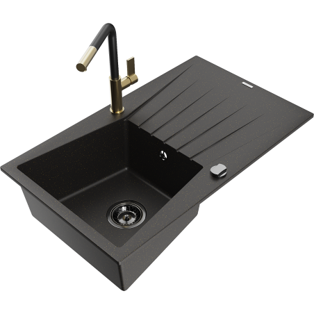 Mexen Cesar single-bowl granite sink with drainer and Flora kitchen tap, black/golden metallic - 6514-75-670401-57-B