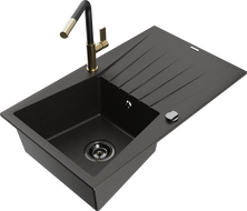 Mexen Cesar single-bowl granite sink with drainer and Flora kitchen tap, black/golden metallic - 6514-75-670401-57-B