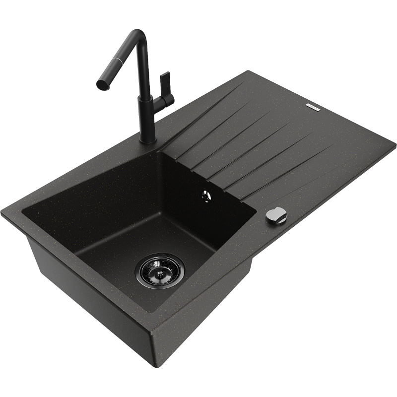 Mexen Cesar grānīta virtuves izlietne ar vienu nodalījumu, noteces laukumu un Flora virtuves jaucējkrānu, melnā/zeltainā