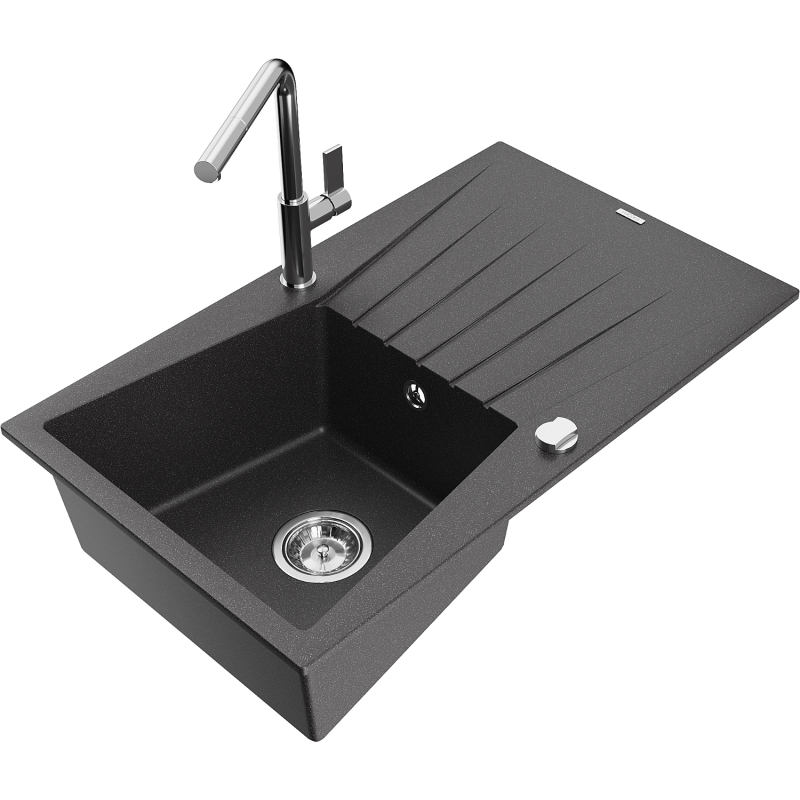 Mexen Cesar 1-bowl granite sink with drainer and Flora kitchen tap, black speckled - 6514-76-670401-00