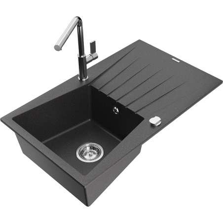 Mexen Cesar 1-bowl granite sink with drainer and Flora kitchen tap, black speckled - 6514-76-670401-00