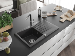 Mexen Cesar 1-bowl granite sink with drainer and Flora kitchen tap, black speckled - 6514-76-670401-07