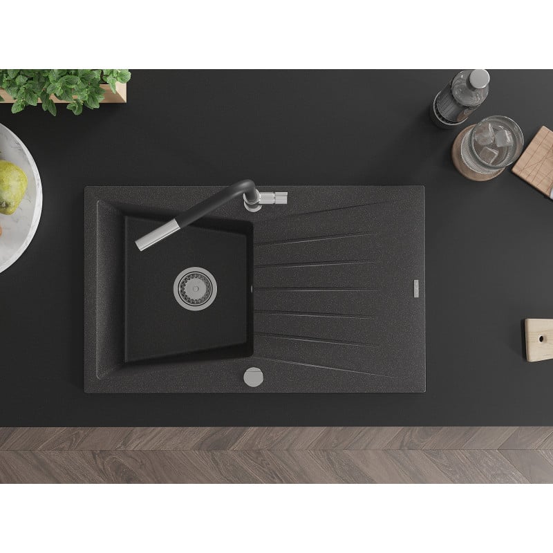 Mexen Cesar lava-loiça de granito de 1 bacia com escorredor e torneira de cozinha Flora, preto salpicado - 6514-76-670401-07