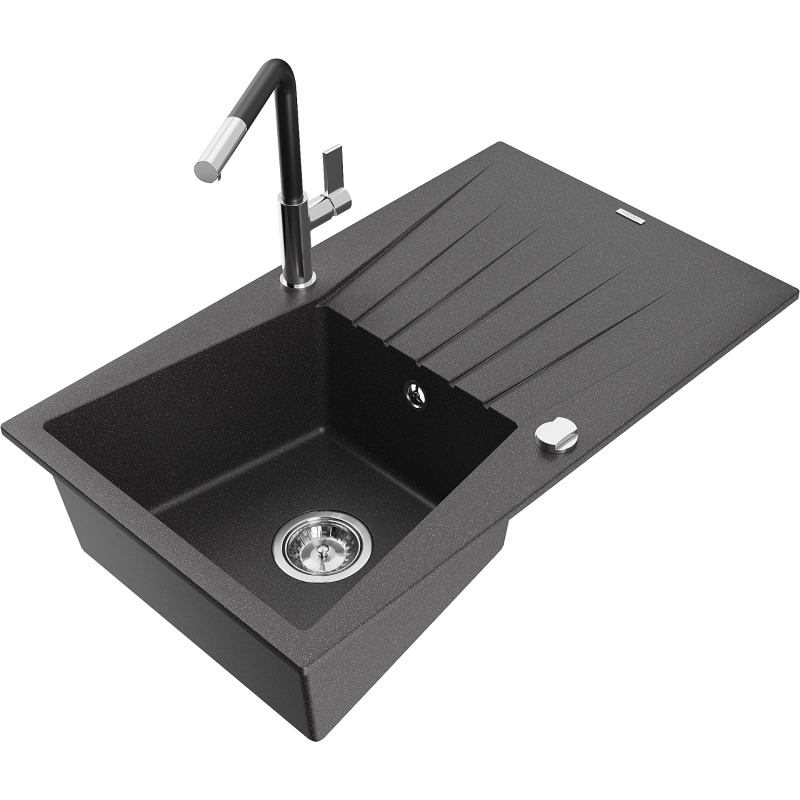 Mexen Cesar grānīta virtuves izlietne ar vienu nodalījumu, nožāvētāju un Flora virtuves krānu, melna ar punktiņiem