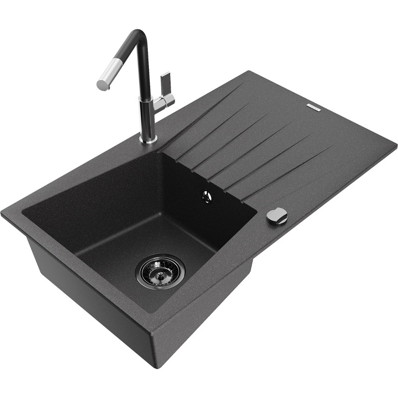 Mexen Cesar évier en granit à 1 bac avec égouttoir et robinet de cuisine Flora, noir moucheté - 6514-76-670401-07-B