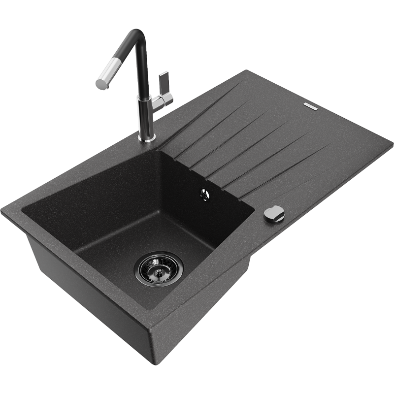 Mexen Cesar granite sink 1-bowl with drainer and Flora kitchen tap, black speckled - 6514-76-670401-07-B