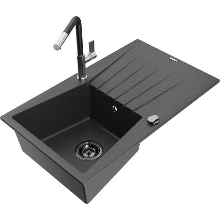 Mexen Cesar fregadero de granito de 1 cubeta con escurridor y grifo de cocina Flora, negro moteado - 6514-76-670401-07-B