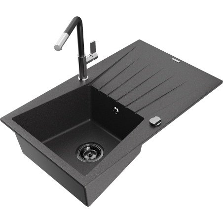 Mexen Cesar granite sink 1-bowl with drainer and Flora kitchen tap, black speckled - 6514-76-670401-07-B