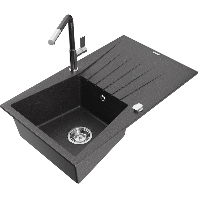 Mexen Cesar granite sink 1-bowl with drainer and Flora kitchen tap, black speckled - 6514-76-670401-08