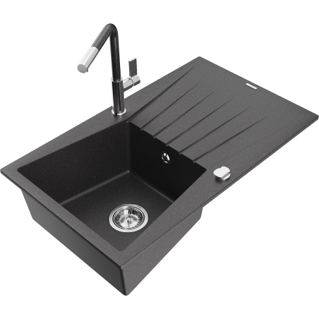 Mexen Cesar granite sink 1-bowl with drainer and Flora kitchen tap, black speckled - 6514-76-670401-08